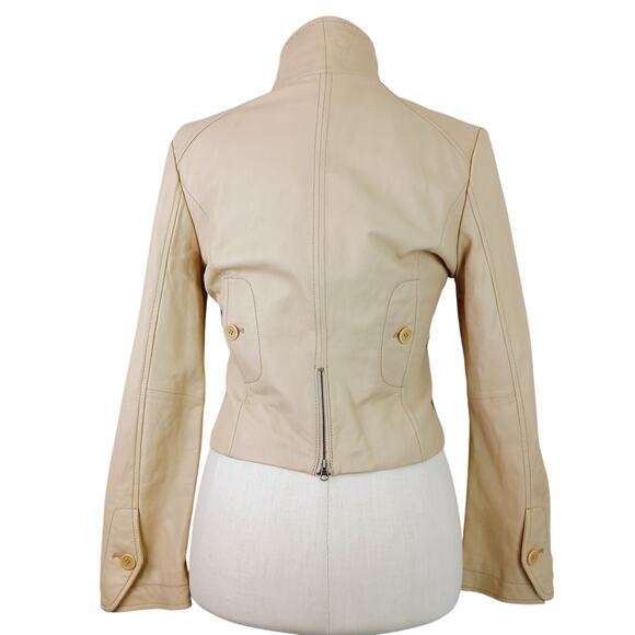BCBGMAXAZRIA SZ L 100% Leather Butter Tan Short 3 Button Collared Jacket Pockets - Picture 5 of 8